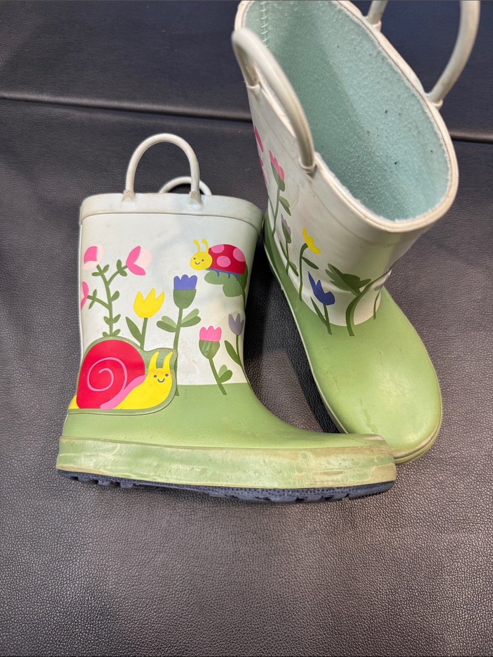 Cat & Jack Kids Green Floral Snail Rain Boots. Used. Size 12